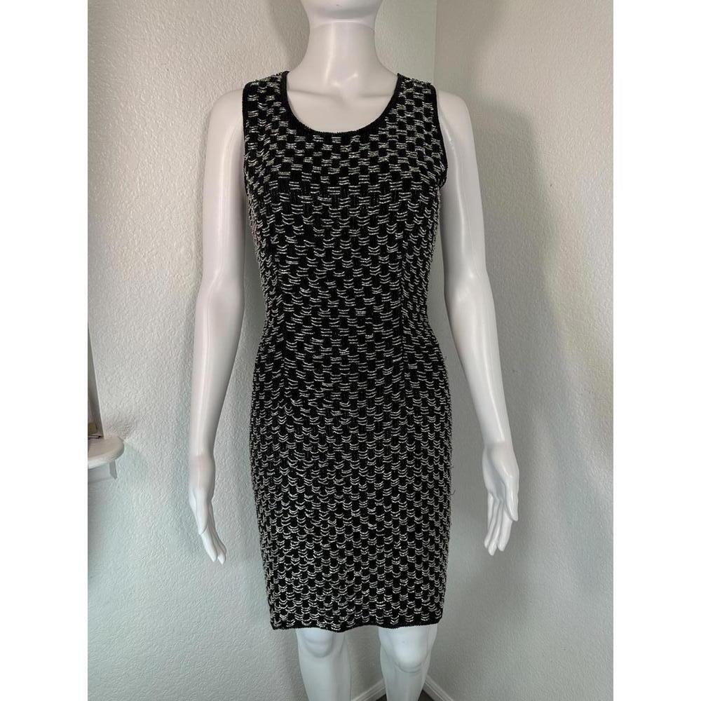 Vintage Scala Black Silver Beaded Silk Bodycon Dress Sz S Party Cocktail